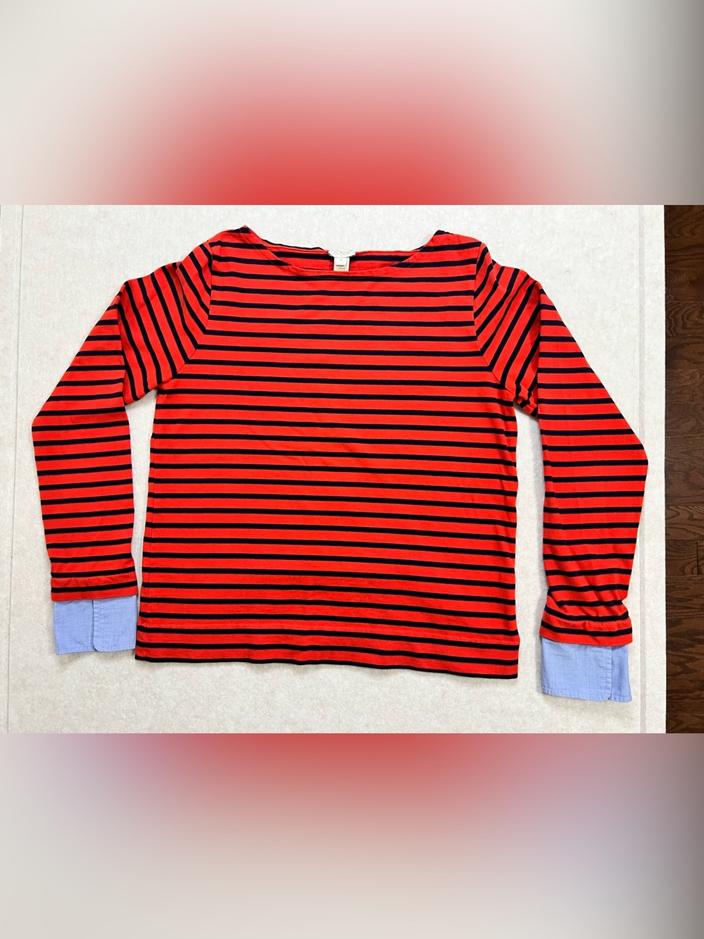 J.Crew Red Navy Striped Boatneck Top Blue Oxford Cuff Medium